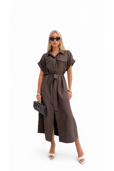 Sukienka Koszulowa Maxi Premium Wiązana w Pasie Elegancka Oversize Guziki Kieszenie - brąz